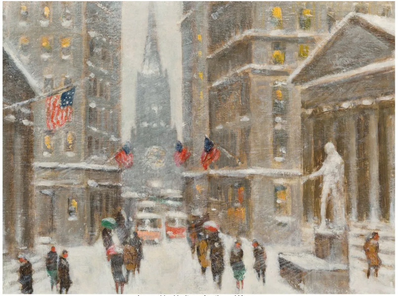 Flags, flags and more flags are on full view in Guy Carleton Wiggins’ ‘Wall Street, Winter,’ which brought $36,000 plus the buyer’s premium in November 2021. Image courtesy of Heritage Auctions and LiveAuctioneers.