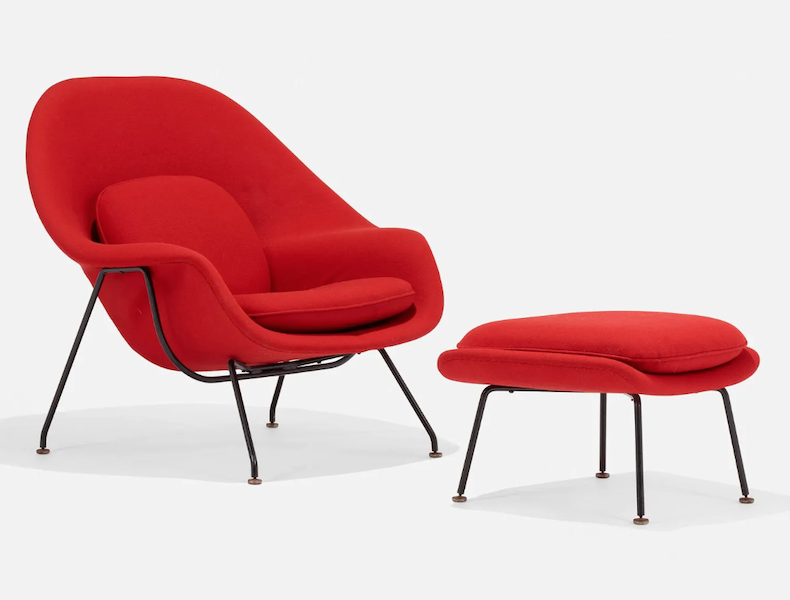 A circa-1970 Eero Saarinen Womb chair and ottoman sold comfortably within its $1,500-$2,000 estimate for $1,800 plus the buyer’s premium in August 2023. Image courtesy of Wright and LiveAuctioneers.