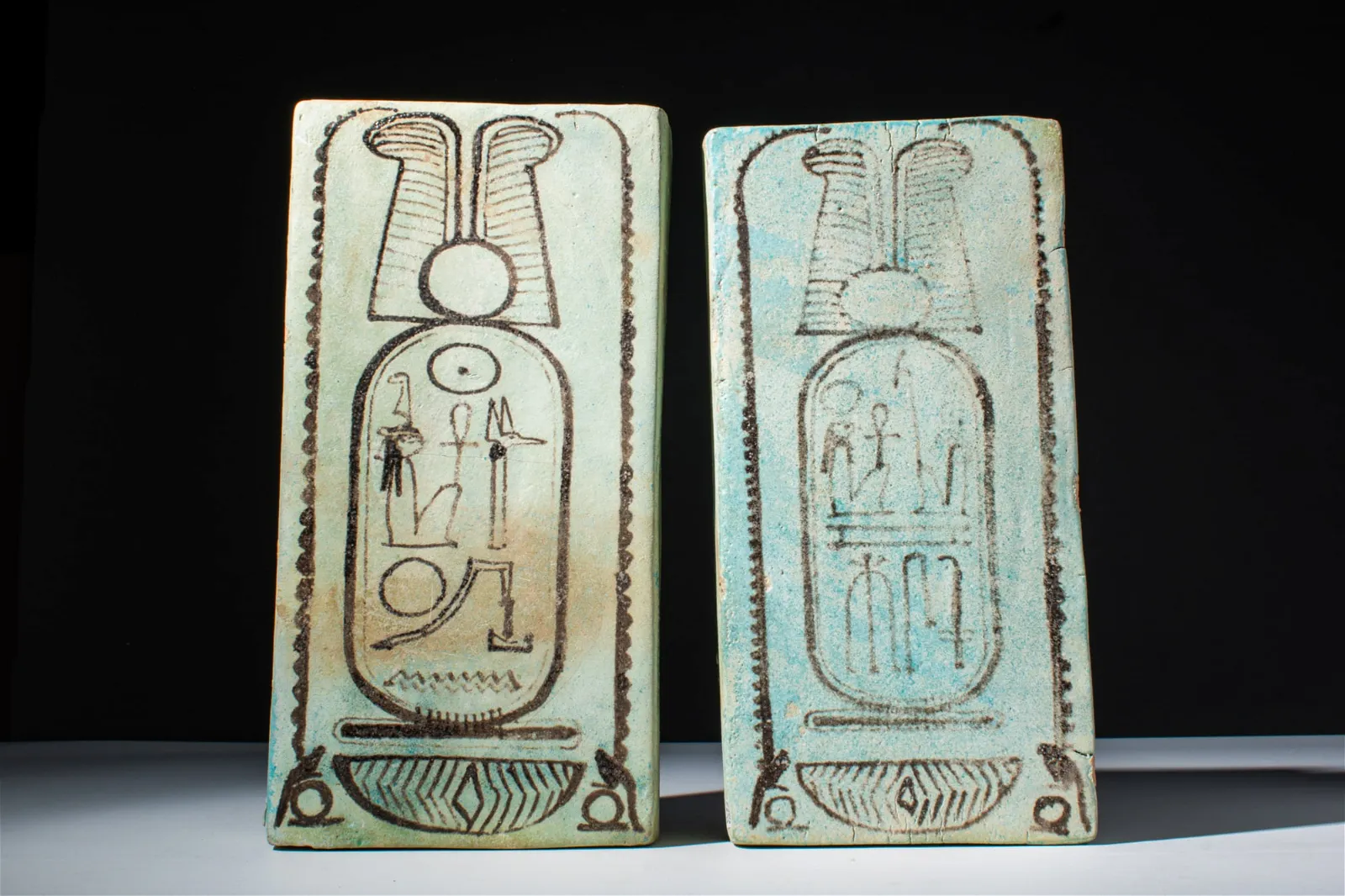 Two large Egyptian New Kingdom faience foundation tiles carrying the prenomen and nomen of Ramesses II, which sold for £24,000 (£30,000 or $38,050 with buyer’s premium) at Apollo Art Auctions.