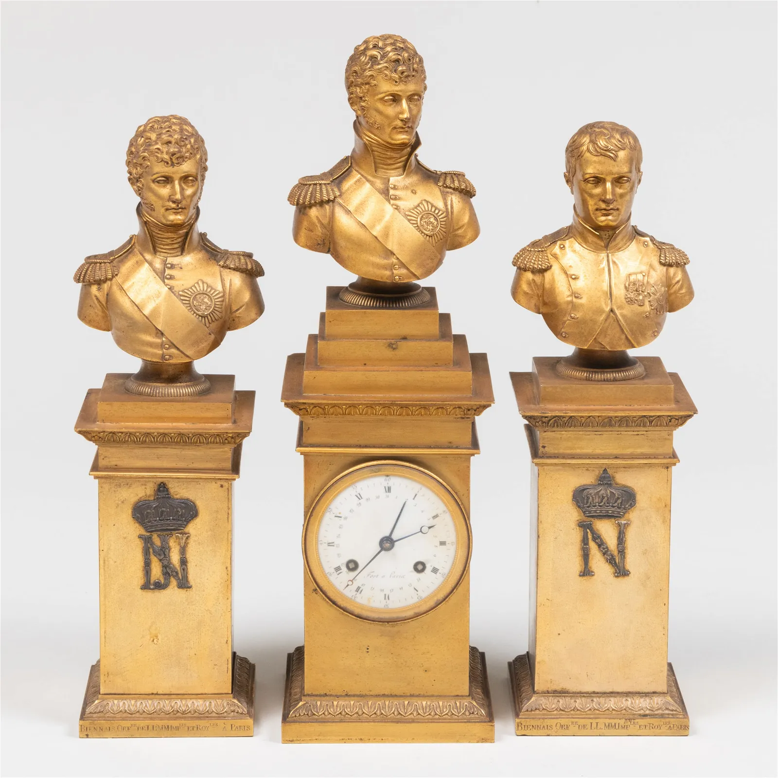 A trio of French Empire gilt bronzes from the Napoleonides series by Martin-Guillaume Biennais sold for $40,000 at Stair Galleries.