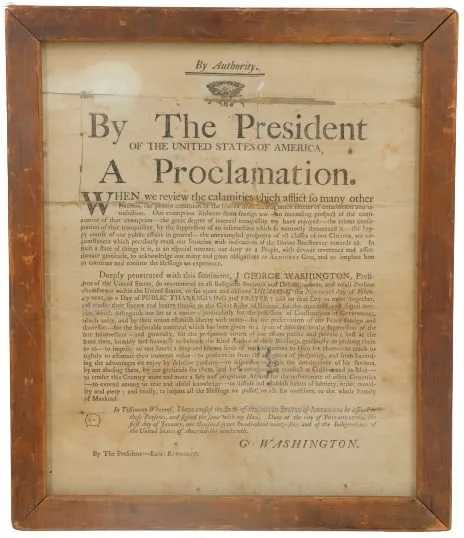 Broadside of George Washington’s 1795 Thanksgiving Day proclamation, which sold for $37,000 ($47,360 with buyer’s premium) at Sarasota Estate Auction.