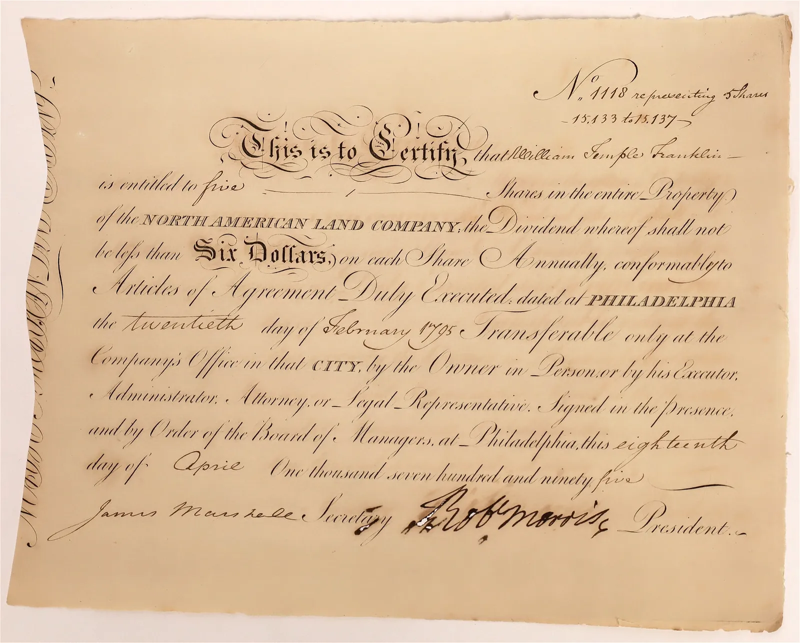 North American Land Company stock certificate, datelined Philadelphia, issued February 20, 1795, to William Temple Franklin (son of Ben) and signed by financier Robert Morris, a signer of the Declaration of Independence, and James Marshall, estimated at $300-$600 at Holabird.