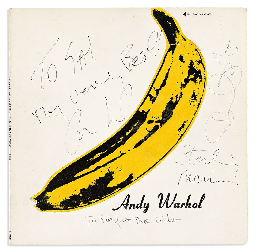 1967 album ‘The Velvet Underground & Nico,’ signed by band members Lou Reed, Sterling Morrison, John Cale, and Maureen ‘Mo’ Tucker, and also inscribed to ‘Sal’ by Reed and Tucker, estimated at $5,000-$7,000 at Swann Auction Galleries.