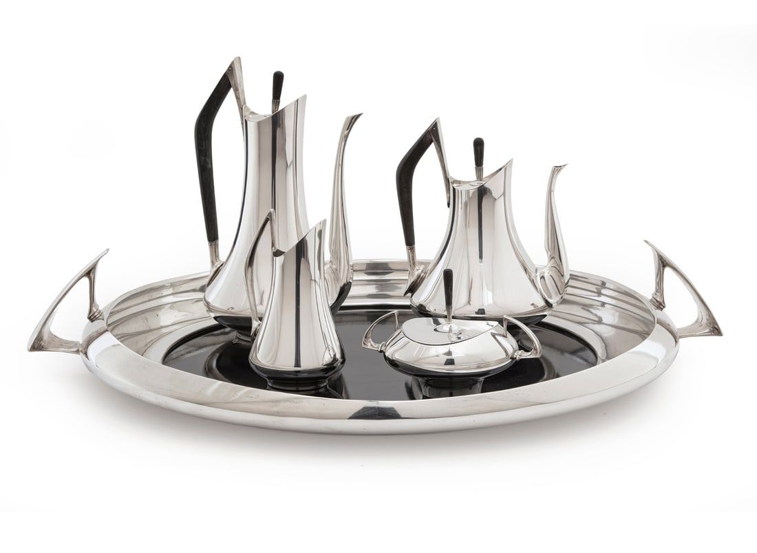 Circa-1958 Gorham Circa 70 sterling silver coffee and tea set with tray, designed by Donald Colflesh, estimated at $8,000-$12,000 at Neal Auction Company.