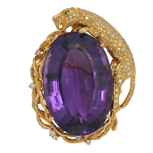 Circa-1980s amethyst, diamond and gold leopard pendant-brooch with emerald eyes, £6,750 from Plaza Jewellery