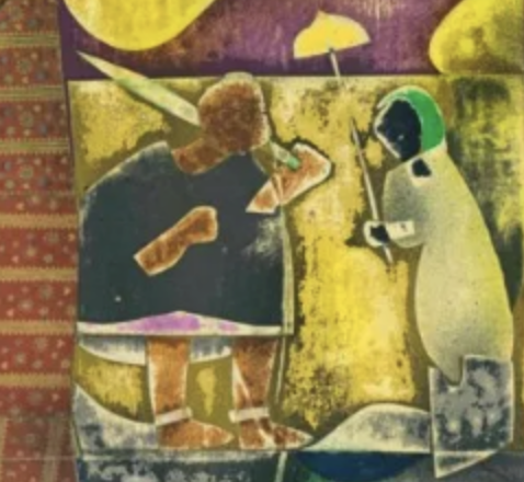 Detail of Romare Bearden’s ‘Inscriptions At The City Of Brass,’ a 1972 collage on Masonite that achieved $355,000 plus the buyer’s premium in December 2022. Image courtesy of La Parisienne Des Arts and LiveAuctioneers.