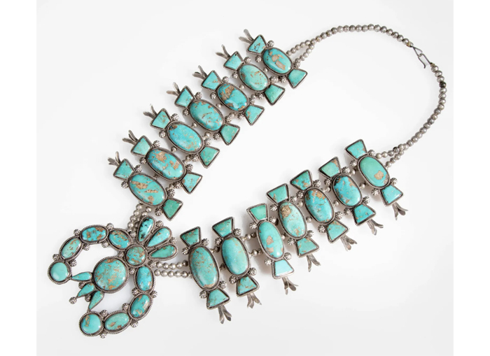 This circa-1940 sterling silver and turquoise box and bow squash blossom necklace brought $8,000 in November 2023. Image courtesy of Santa Fe Art Auction and LiveAuctioneers.