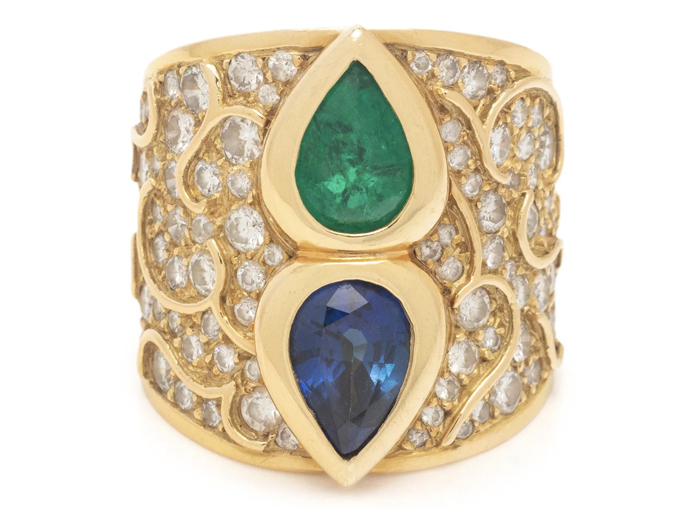 Marina B is known for its use of gemstones, as evidenced by this emerald, sapphire and diamond ring that brought $3,250 plus the buyer’s premium in September 2022. Image courtesy of Hindman and LiveAuctioneers.