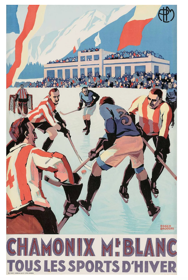 Showing a lively ice hockey game against the majestic backdrop of Mt Blanc, Roger Broders’ 1930 poster ‘Chamonix Mt Blanc’ made £6,000 ($7,620) plus the buyer’s premium in January 2024. Image courtesy of Lyon & Turnbull and LiveAuctioneers.