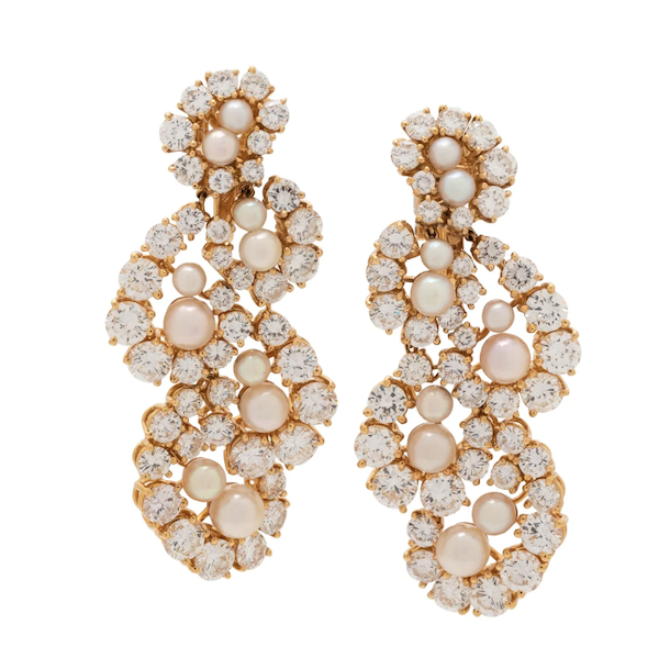 A pair of Marina B diamond and cultured pearl earclips sold above its $8,000-$12,000 estimate for $17,000 plus the buyer’s premium in September 2022. Image courtesy of Hindman and LiveAuctioneers.