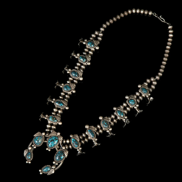 A circa-1970 Lander turquoise and silver squash blossom necklace made $19,000 plus the buyer’s premium in August 2022. Image courtesy of Santa Fe Art Auction and LiveAuctioneers.