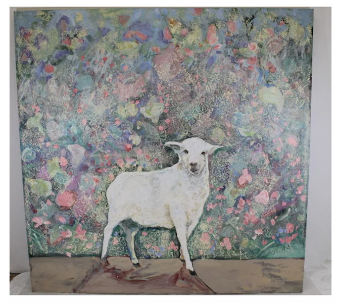 Ira Yeager’s large-scale portraits of single animals continue to resonate with buyers. This 66 by 66in painting of a sheep against a floral background took $8,000 plus the buyer’s premium in December 2021. Image courtesy of District Auction and LiveAuctioneers.