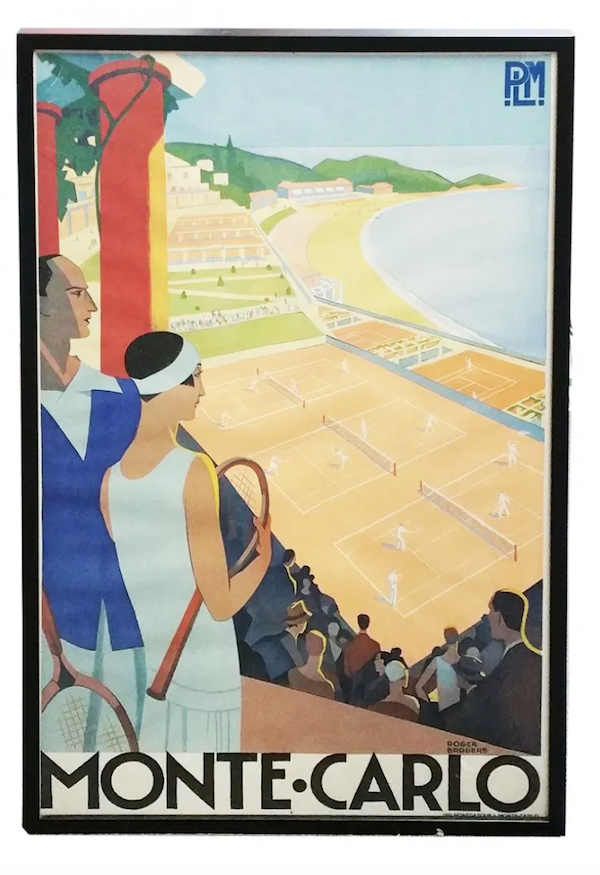 A pair of tennis players gaze out onto the Mediterranean Sea in Roger Broders’ ‘Monte Carlo’ travel poster, which brought $8,000 plus the buyer’s premium in May 2021. Image courtesy of Hess Fine Auctions and LiveAuctioneers.