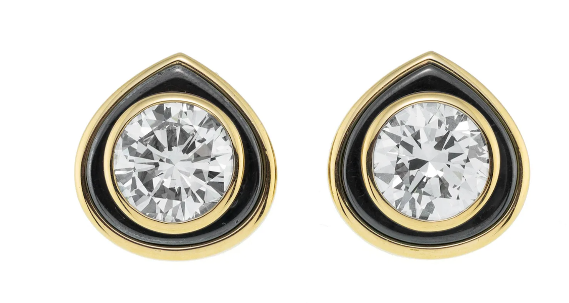 A circa-1980s-1990s pair of Marina B gold and blackened gold earclips set with diamonds attained CHF400,000 ($475,490) plus the buyer’s premium in June 2023. Image courtesy of Piguet Hôtel des Ventes and LiveAuctioneers.