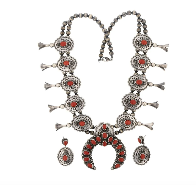 A Ray Bennett Mediterranean coral squash blossom necklace with matching earrings sold for $6,500 plus the buyer’s premium in November 2021. Image courtesy of Billy The Kid Auction House and LiveAuctioneers.