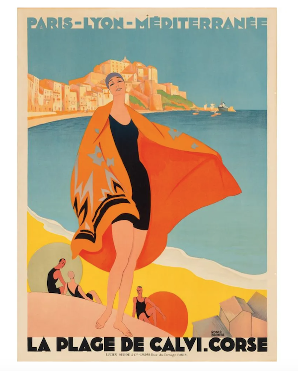 Roger Broders paid homage to Botticelli’s ‘The Birth of Venus’ (note the position of the feet of the main figure) in his poster ‘Le Plage de Calvi, Corse,’ which secured £6,000 ($7,620) plus the buyer’s premium in October 2021. Image courtesy of Lyon & Turnbull and LiveAuctioneers.