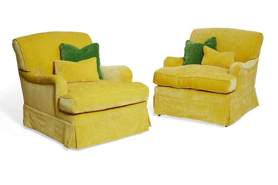 A pair of Rose Tarlow yellow velvet Lambertus chairs achieved a robust price of $7,000 plus the buyer’s premium in October 2021. Image courtesy of Andrew Jones Auctions and LiveAuctioneers.