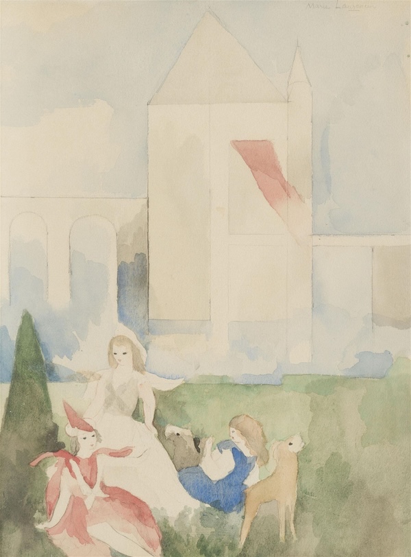 Marie Laurencin’s watercolor ‘Trois Jeunes Filles aux Chiens Devant le Château (Three Young Girls with Dogs in Front of the Castle)’ brought CHF15,000 ($17,035) plus the buyer’s premium in December 2021. Image courtesy of Piguet Hôtel des Ventes and LiveAuctioneers.