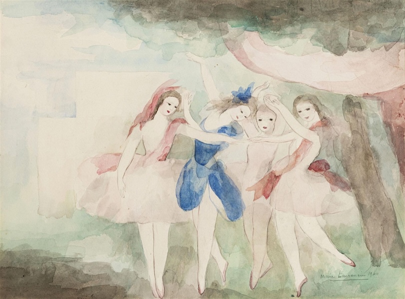 Marie Laurencin’s 1940 watercolor of dancers, ‘Danseuses,’ earned CHF33,000 ($37,460) plus the buyer’s premium in December 2022. Image courtesy of Piguet Hôtel des Ventes and LiveAuctioneers.