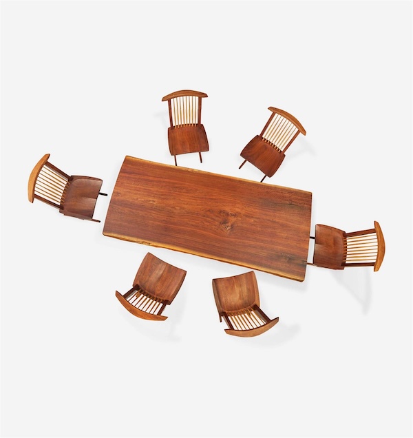 A Mira Nakashima single-board Conoid dining table with six single-board Conoid dining chairs achieved $30,000 plus the buyer’s premium in April 2023. Image courtesy of Freeman’s and LiveAuctioneers.