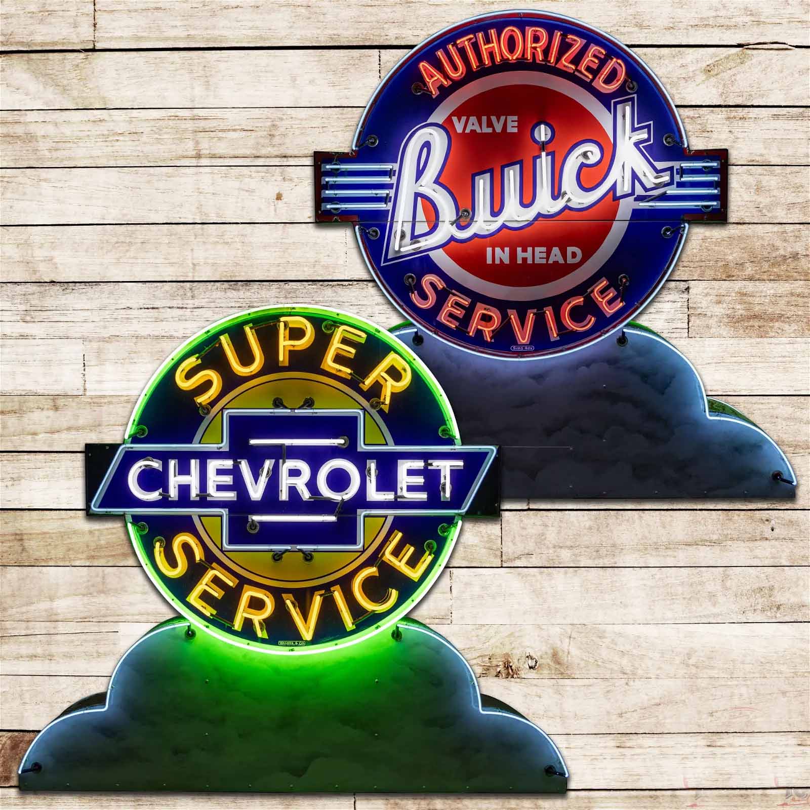 Chevrolet 'Super Service' and Buick 'Valve In Head' double-sided porcelain neon sign, which sold for $145,000 ($168,000 with buyer’s premium) at Richmond.