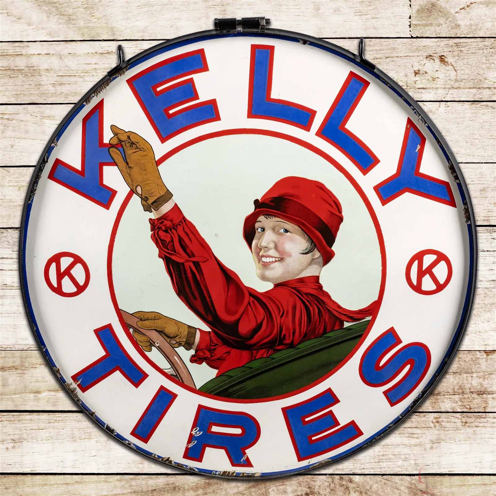 Kelly Tires single-sided 42in porcelain sign featuring the Lotta Miles character, which sold for $100,000 ($120,000 with buyer’s premium) at Richmond.