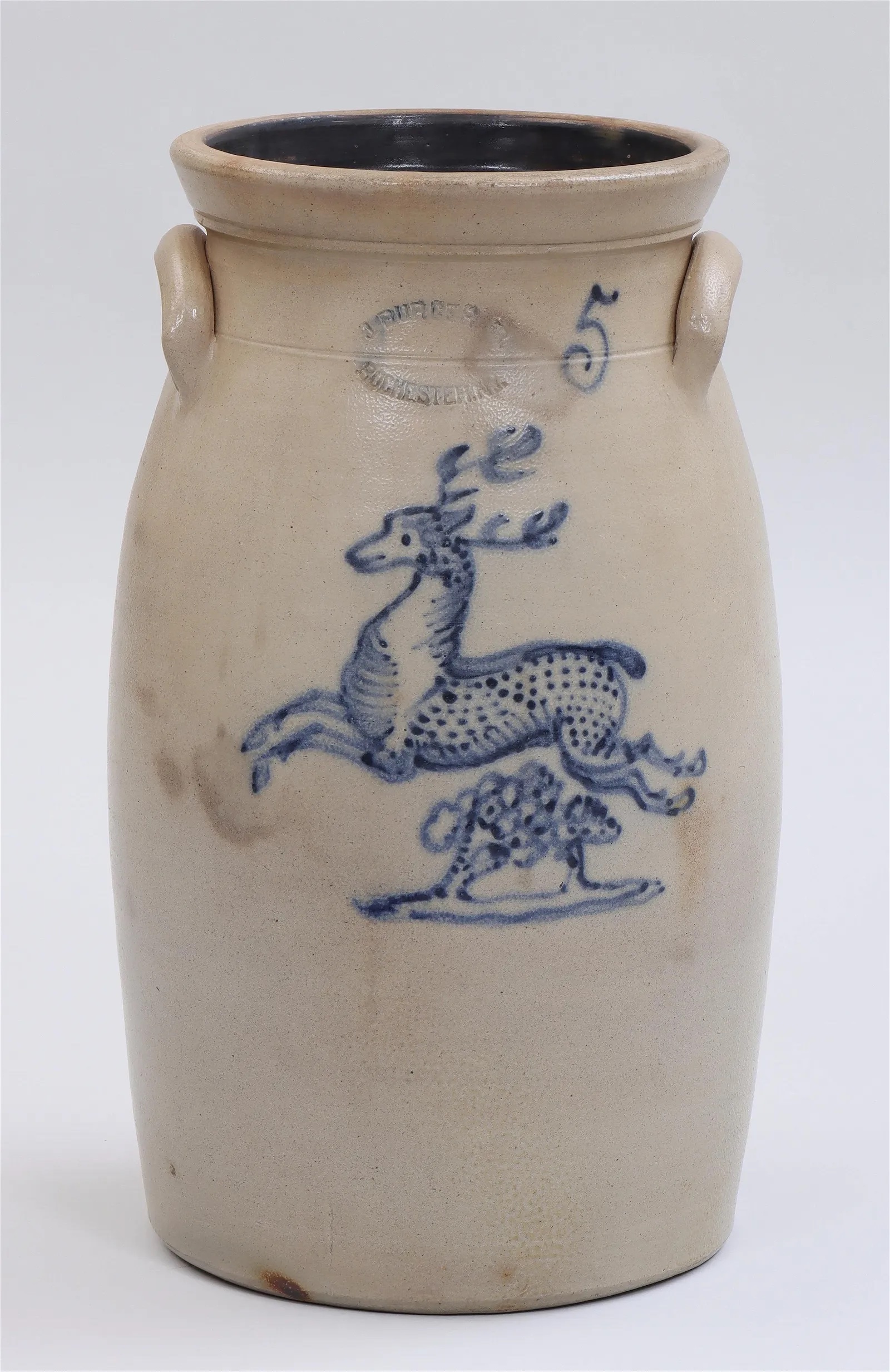 19th-century American stoneware 5-gallon churn, which sold for $5,600 ($7,000 with buyer’s premium) at South Bay
