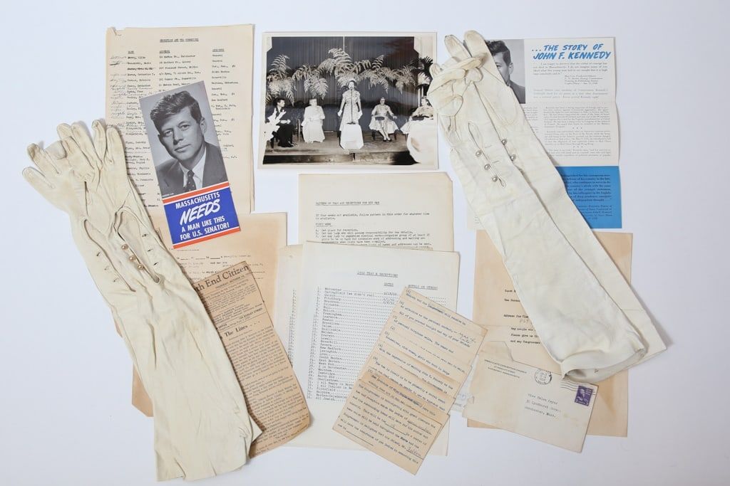 Lot of materials relating to the ladies’ teas held in 1952 to encourage women voters in Massachusetts to elect John F. Kennedy to the Senate, estimated at $300-$600 at John McInnis Auctioneers.