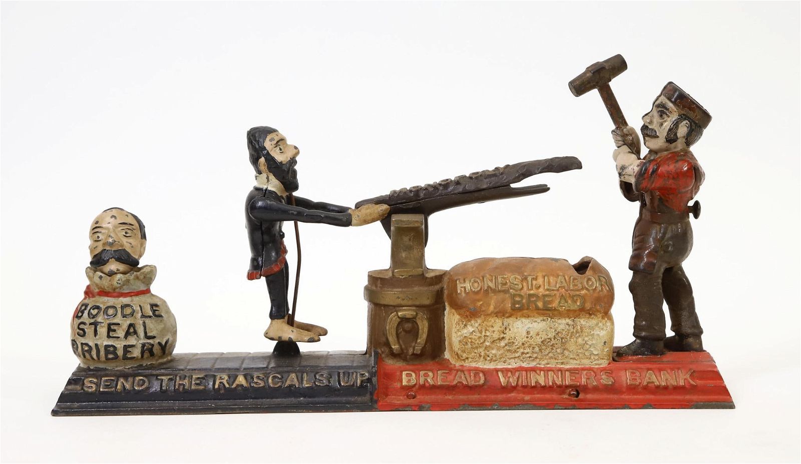 Circa-1886 J & E Stevens Bread Winners cast iron mechanical bank, which sold for $8,960 at Alderfer Auction.