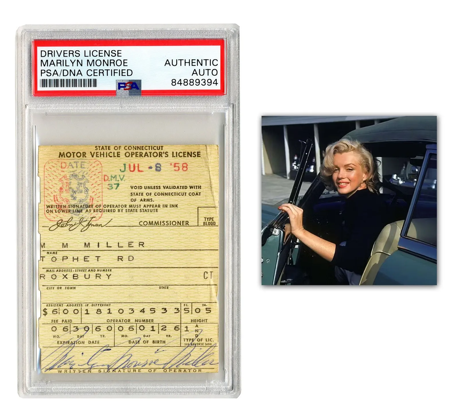 PSA-certified Connecticut drivers license issued to Marilyn Monroe and signed by her as "Marilyn Monroe Miller," estimated at $30,000-$40,000 at University Archives.