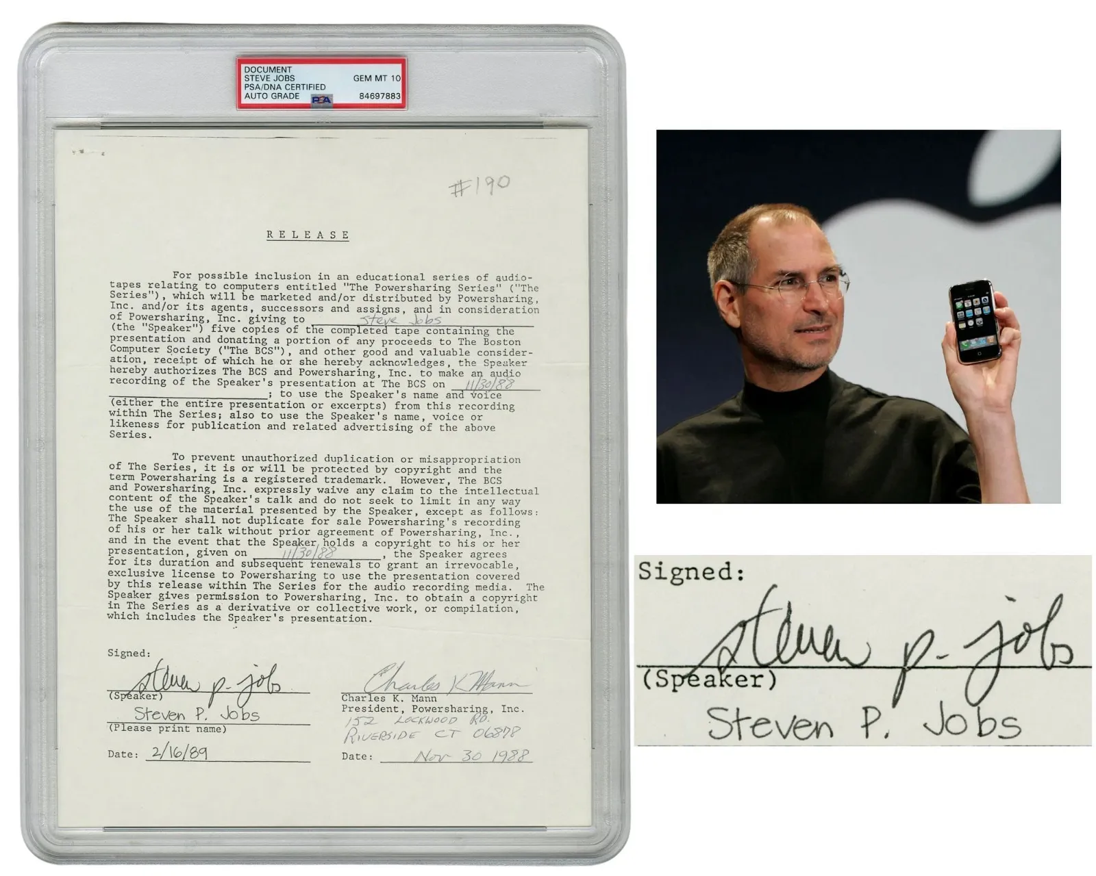 Steve Jobs-signed audio release from a 1988 NeXT computer launch keynote, estimated at $30,000-$40,000 at University Archives.