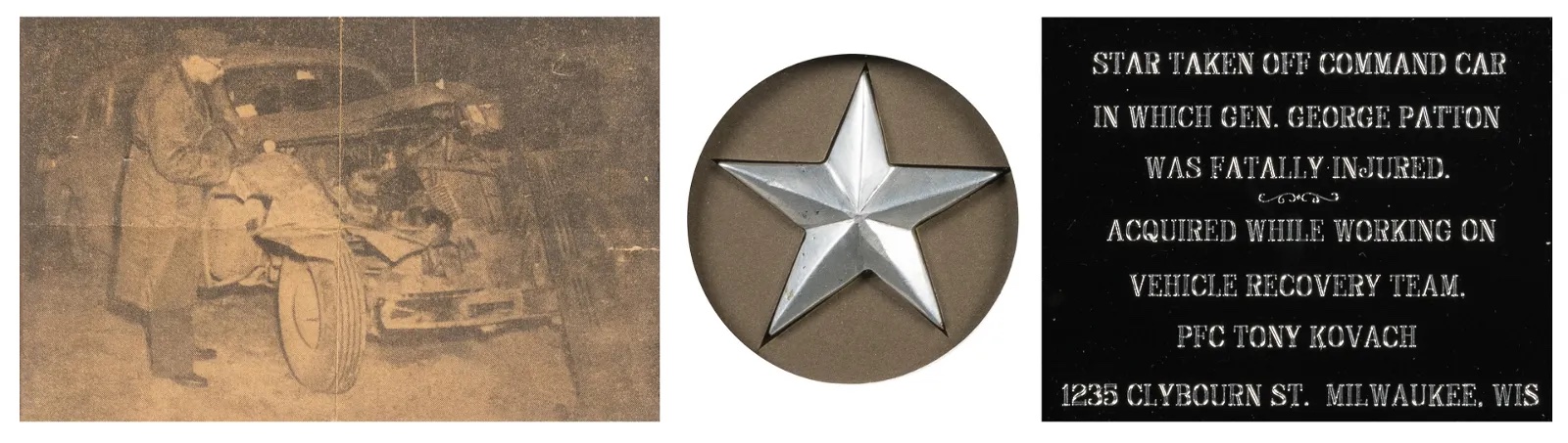 Metal star taken from General George Patton’s command car, in which he was fatally injured, estimated at $1,500-$3,000 at Potter & Potter.