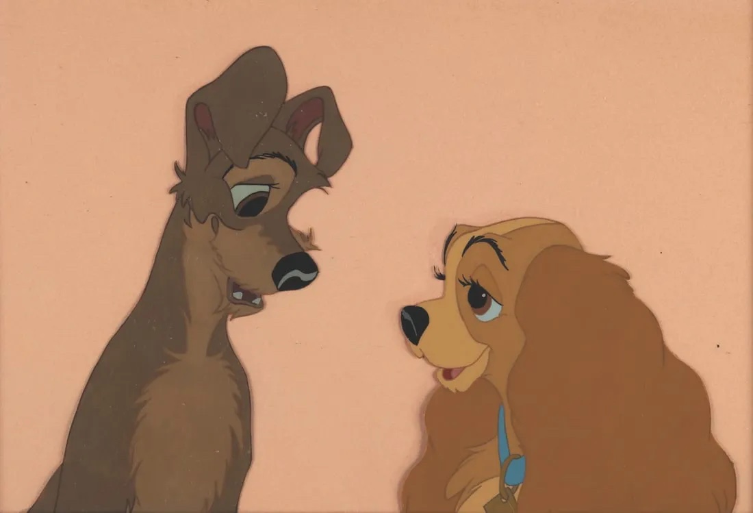 Original production cels for Tramp and Lady from 'Lady And The Tramp,' estimated at $5,000-$7,000 at Van Eaton.