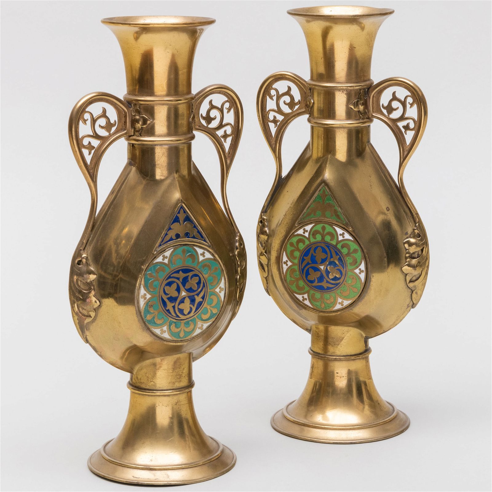 Pair of AWN Pugin for John Hardman & Co. enameled brass vases, which sold for $7,040 at Stair Galleries.