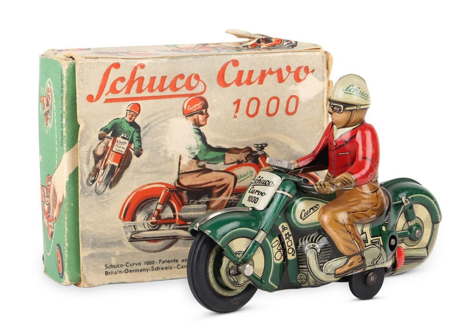 1950s Schuco Curvo 1000 lithographed tin motorcycle, one of two on offer in the March 1 sale, estimated at CA$400-CA$600 ($295-$445) at Miller & Miller.
