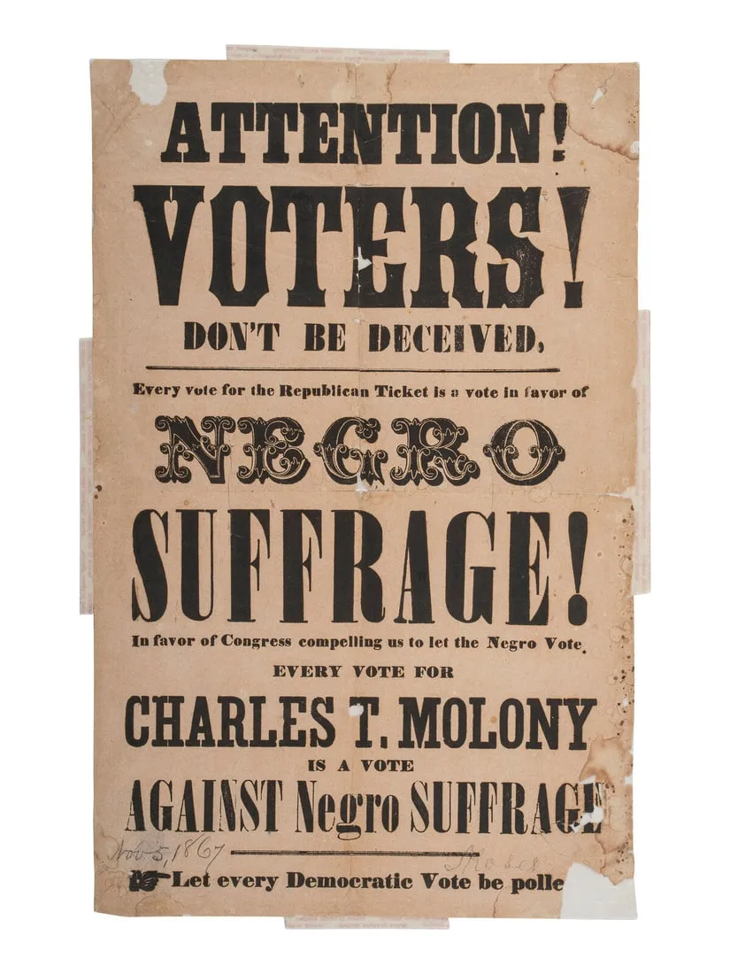 'Attention! Voters! Don't Be Deceived' political poster, estimated at $7,000-$9,000 at Freeman's Hindman.