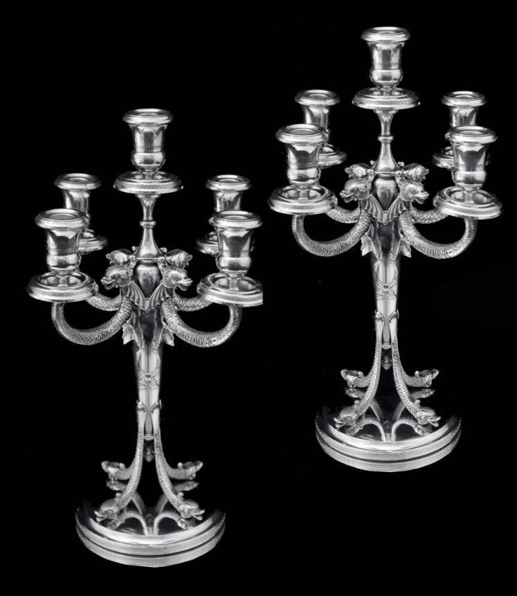 Pair of early 20th-century German silver candelabra, estimated at $12,000-$14,000 at Jasper52.
