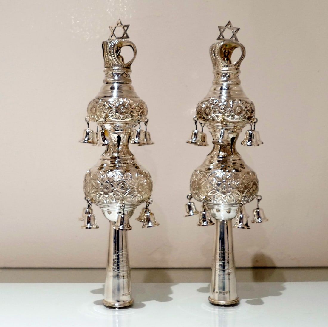 Pair of early 20th-century silver rimonim, or torah finials, by Simon Zimmerman, estimated at $4,000-$5,000 at Jasper52.
