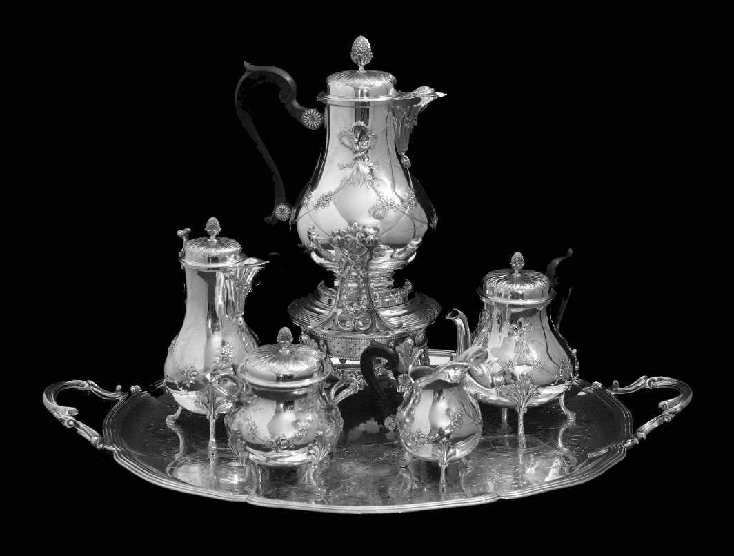 Christofle six-piece sterling silver tea set, dating to the 1890s and estimated at $23,000-$28,000 at Jasper52.