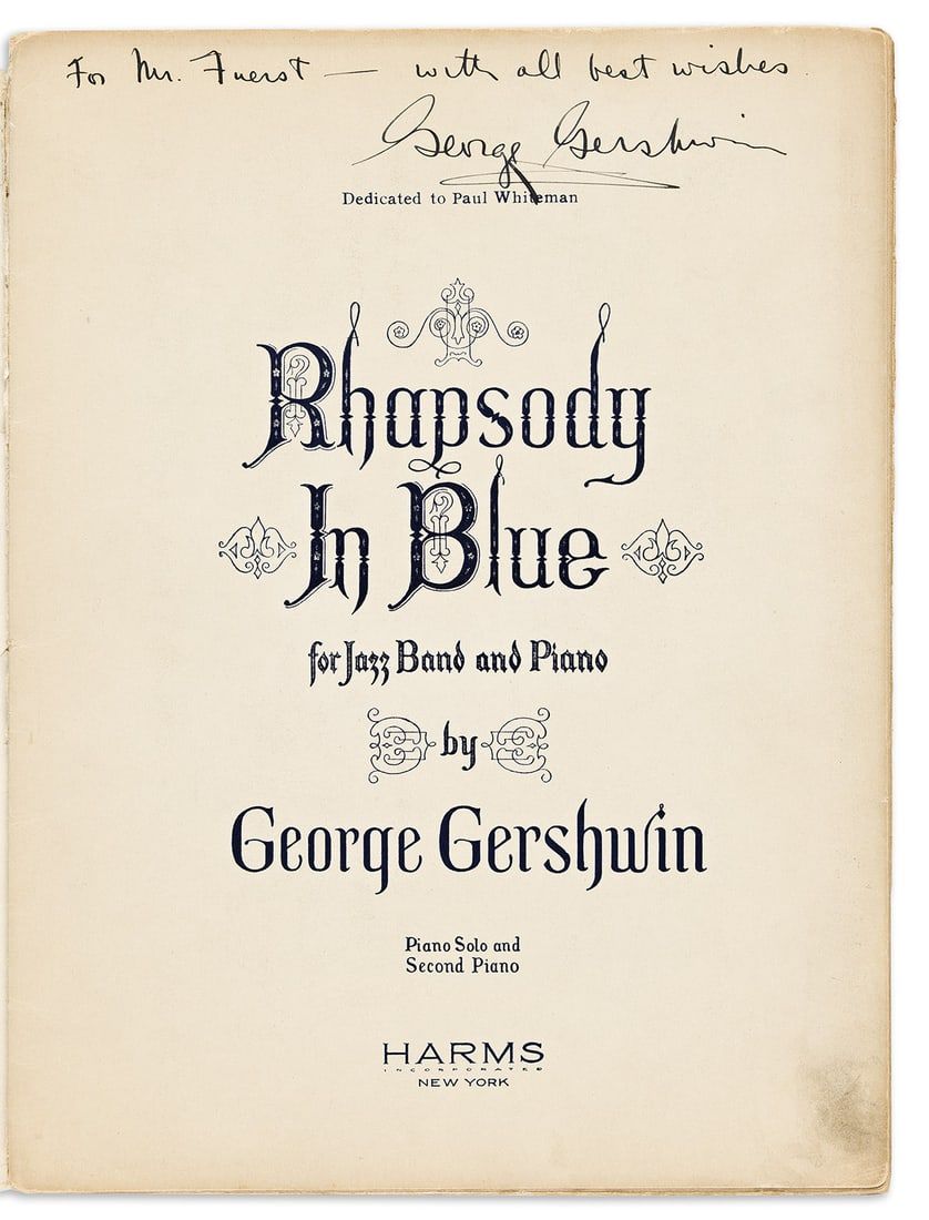 1925 piano solo and second piano score for ‘Rhapsody in Blue’, signed and inscribed by George Gershwin, estimated at $6,000-$9,000 at Swann Galleries.