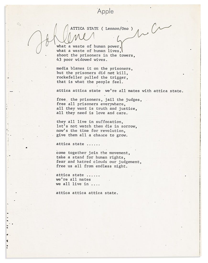 Typewritten lyric sheet on Apple Records stationery for the song ‘Attica State’, signed by John Lennon and Yoko Ono, estimated at $10,000-$20,000 at Swann Galleries.