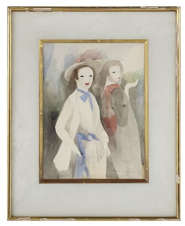 A 1930 watercolor and pencil on paper by Marie Laurencin, ‘Deux Jeunes Femmes et Un Cheval (Two Young Women and a Horse)’, realized $20,000 plus the buyer’s premium in April 2019. Image courtesy of New Orleans Auction Galleries and LiveAuctioneers.