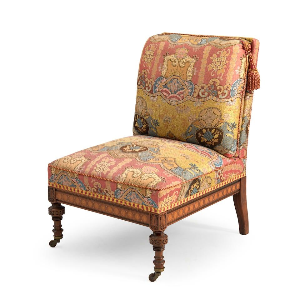 Herter Bros slipper chair made for the Vanderbilt family, which hammered for $30,000 and sold for $38,400 with buyer’s premium at Bonhams Skinner.