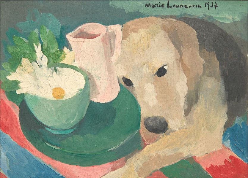 This Marie Laurencin 1937 oil on canvas, ‘Dinah,’ featuring a dog, a cup, and a pitcher, went for $26,000 plus the buyer’s premium in February 2024. Image courtesy of Freeman’s Hindman and LiveAuctioneers.