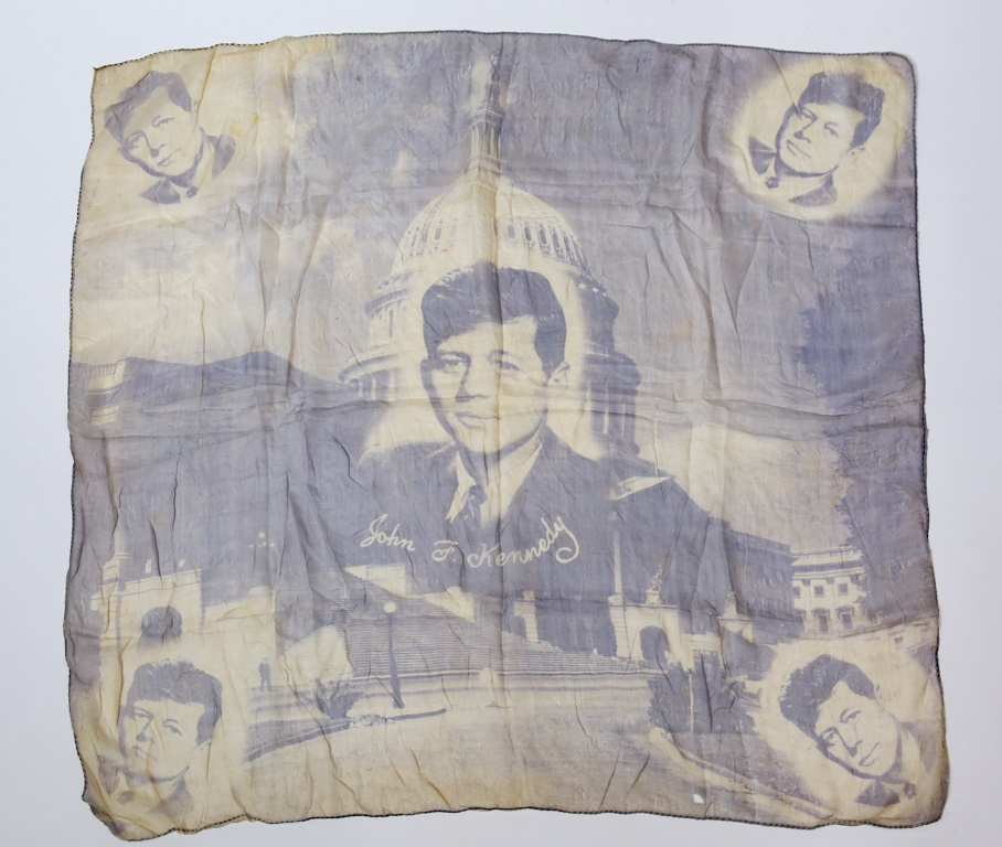 Printed silk scarf promoting John F. Kennedy’s 1952 U.S. Senate bid, estimated at $500-$1,000 at John McInnis Auctioneers.