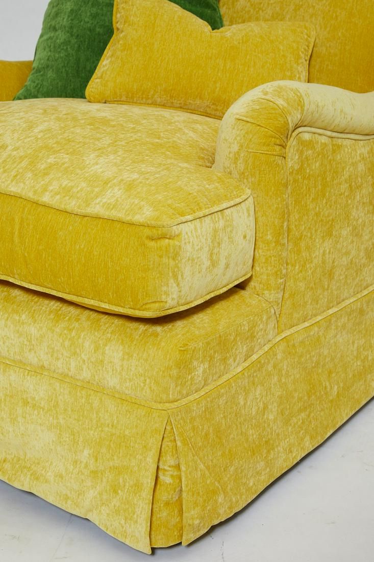 Detail of one from a pair of Rose Tarlow yellow velvet Lambertus chairs, which achieved $7,000 plus the buyer’s premium in October 2021. Image courtesy of Andrew Jones Auctions and LiveAuctioneers.