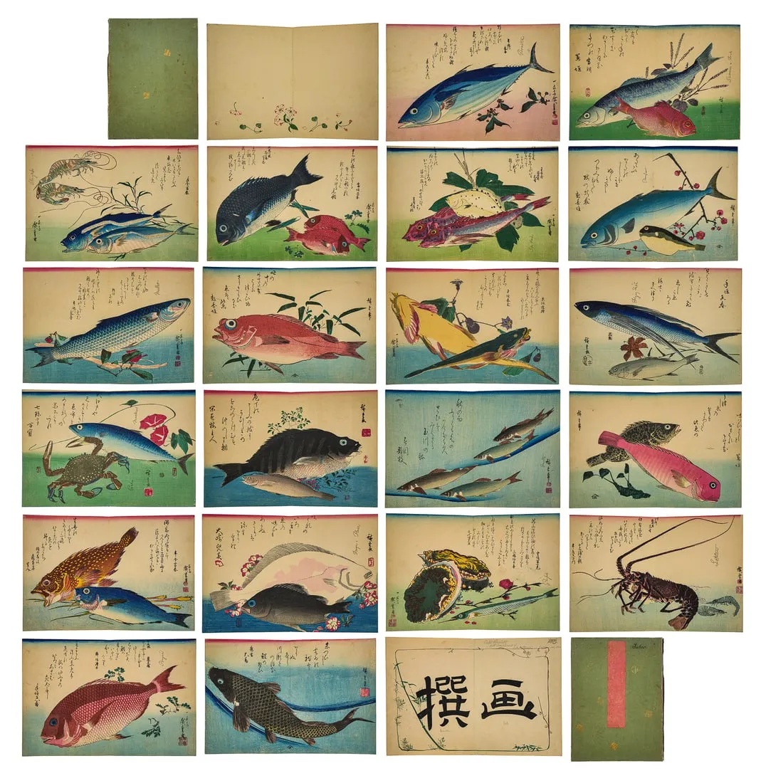 Complete album of 20 woodblock prints from Utagawa Hiroshige’s circa-1860 ‘Large Fish Series’, estimated at $10,000-$15,000 at Merrill’s.