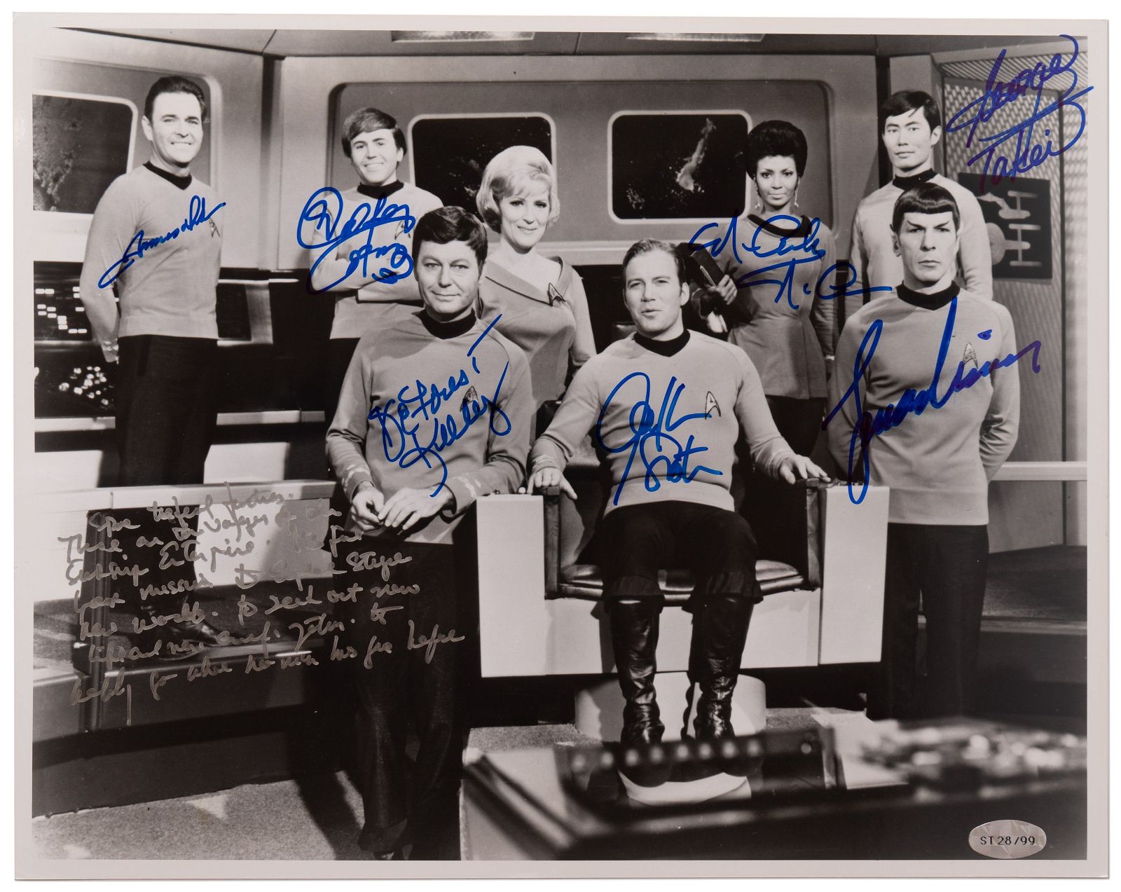 ‘Star Trek’ cast photo, signed by seven members and inscribed by William Shatner with the words that opened each episode of the original TV series, estimated at $1,700-$2,550 at Nate D. Sanders.