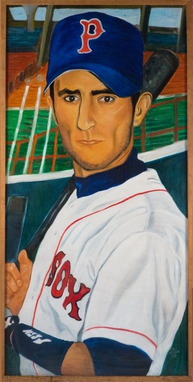 Monumental portrait of Red Sox player Nomar Garciaparra, shown here in a Pawtucket Red Sox (PawSox) uniform, which hung in McCoy Stadium in Pawtucket, Rhode Island, estimated at $2,000-$3,000 at Bruneau & Co.