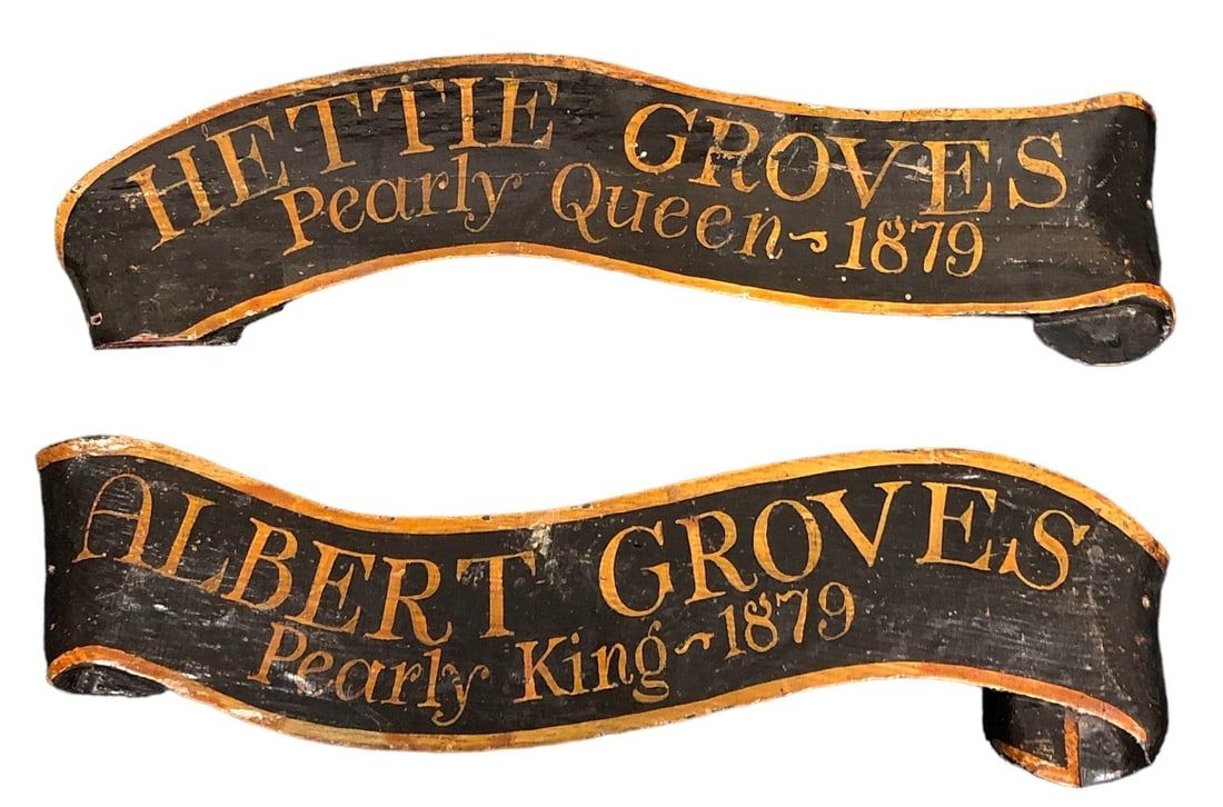 Pair of signs declaring Hattie and Albert Groves the Pearly King and Queen of Hackney for 1879, estimated at $400-$600 at Rivich Auctions.
